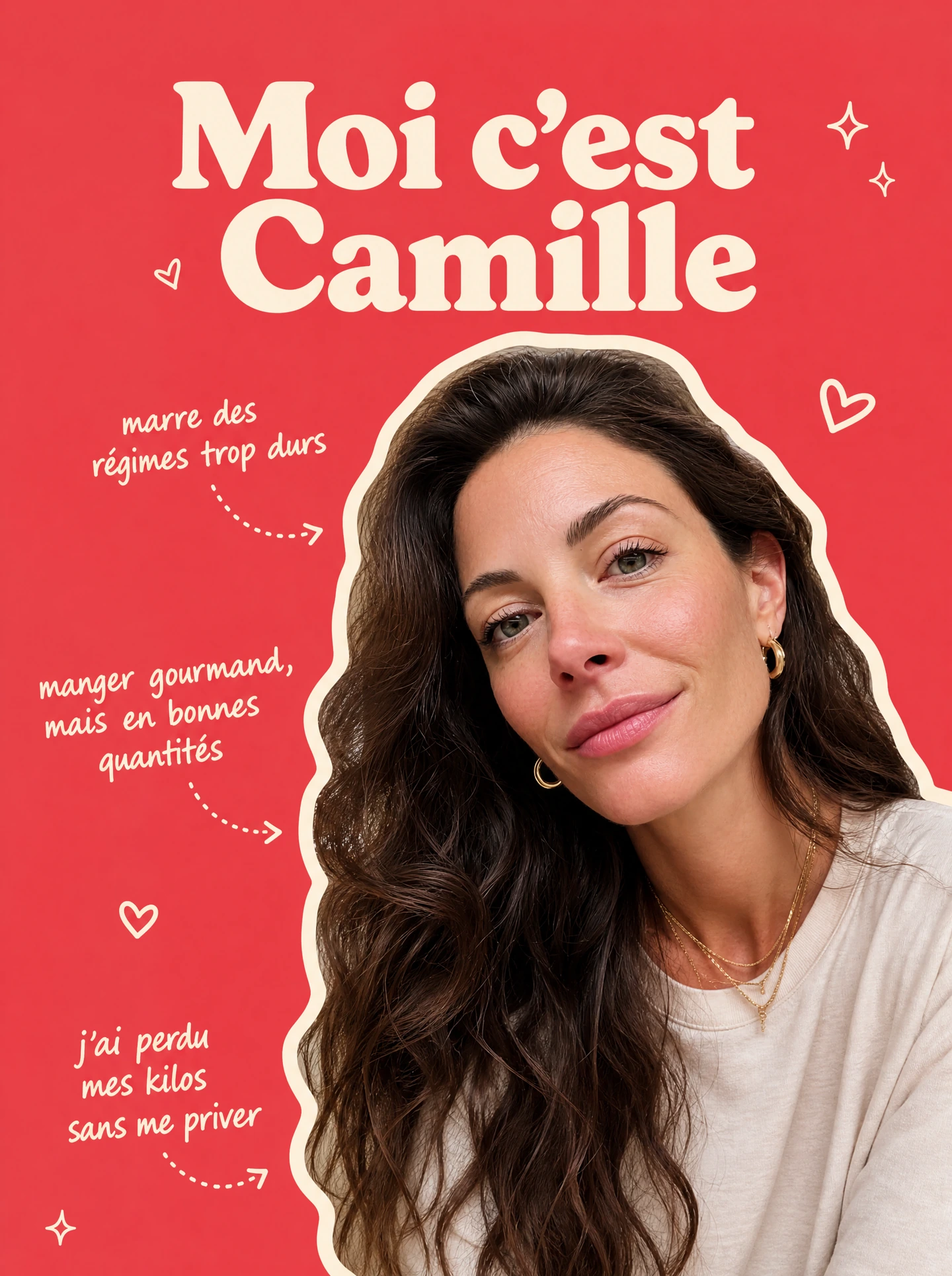 Moi c'est Camille : marre des régimes trop durs, manger gourmand mais en bonnes quantités, j'ai perdu mes kilos sans me priver