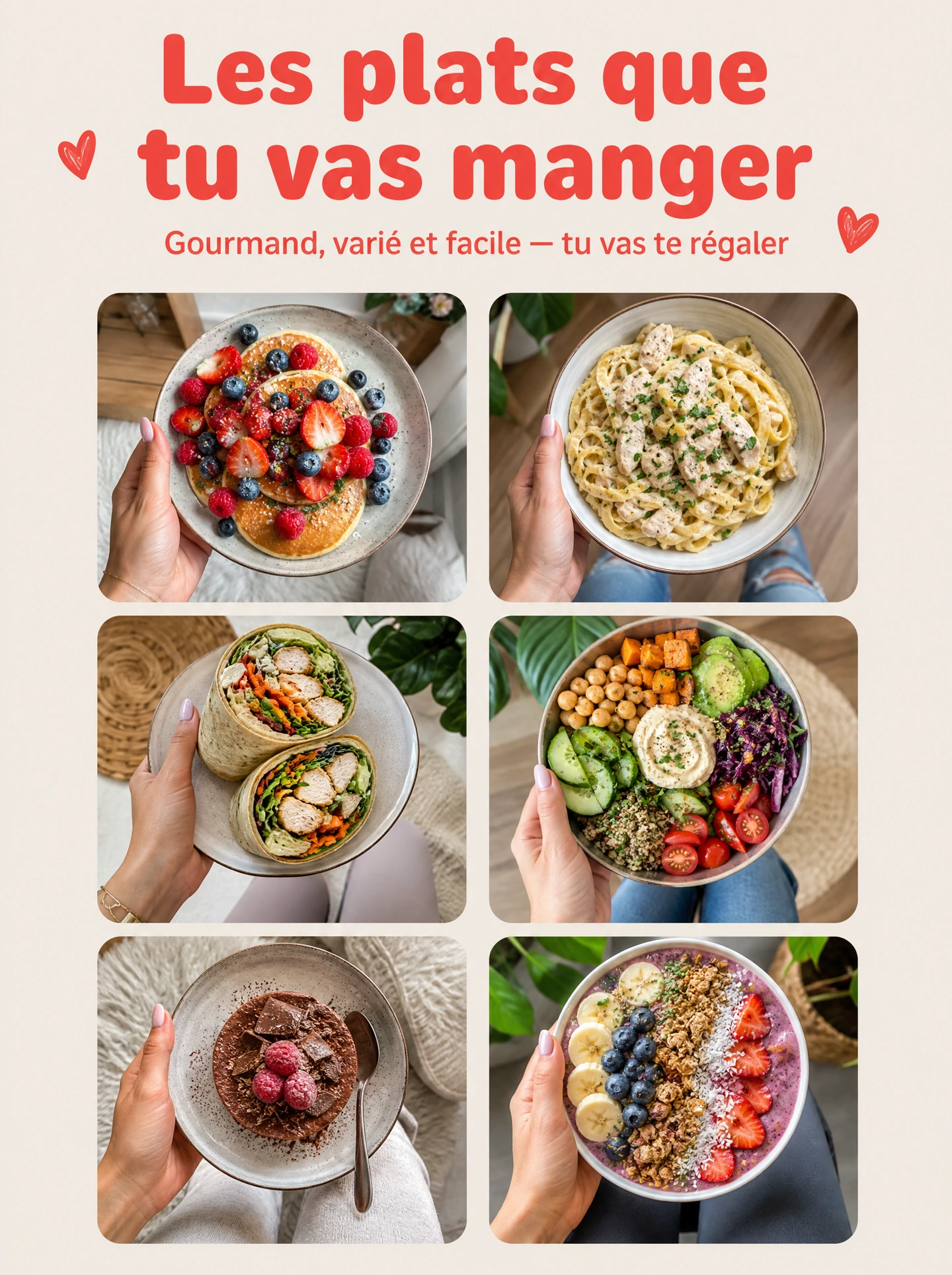 Les plats que tu vas manger : gourmand, varié et facile, pancakes, pâtes, wrap, buddha bowl, dessert, smoothie bowl