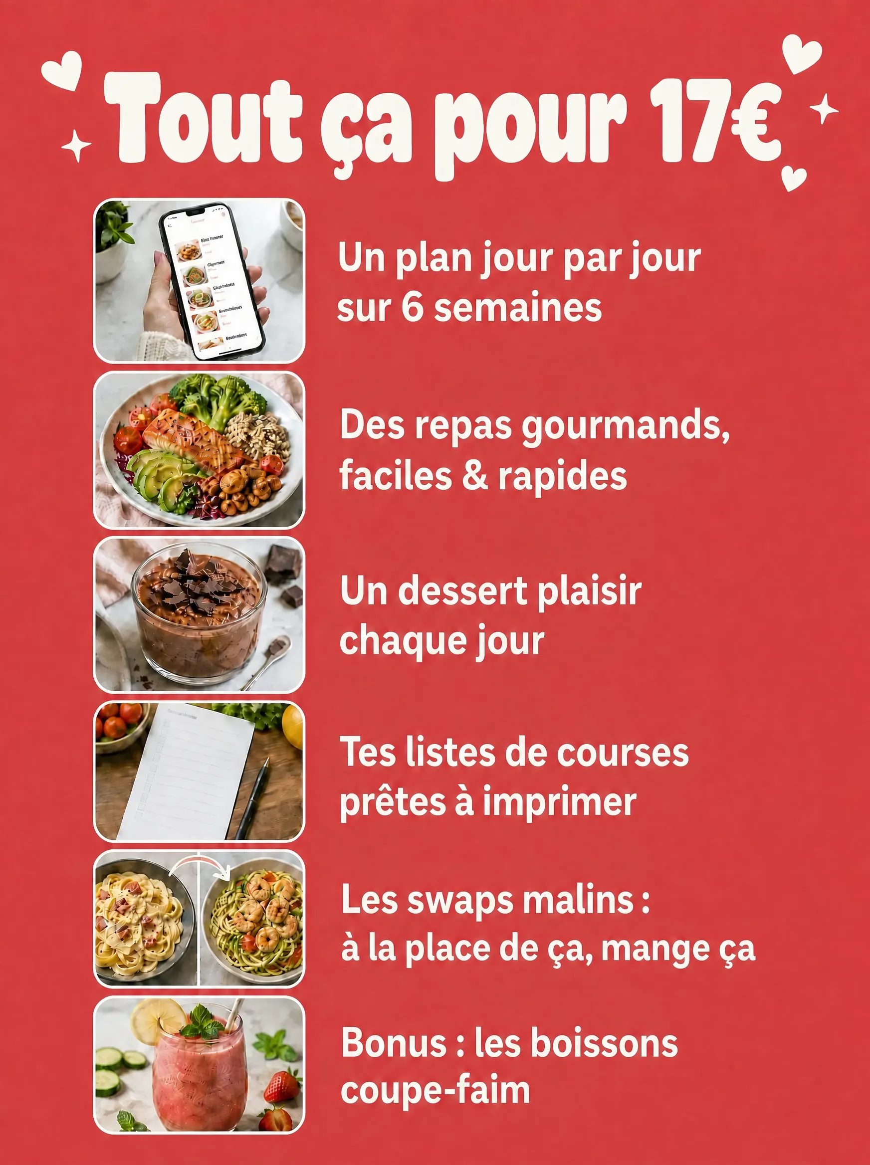 Tout ça pour 17€ : plan 6 semaines, repas gourmands, dessert chaque jour, listes de courses, swaps malins, boissons coupe-faim