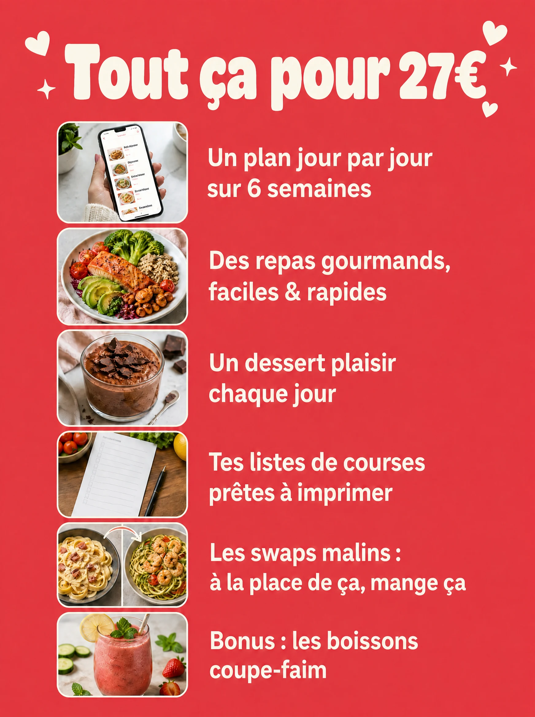 Tout ça pour 27€ : plan 6 semaines, repas gourmands, dessert chaque jour, listes de courses, swaps malins, boissons coupe-faim