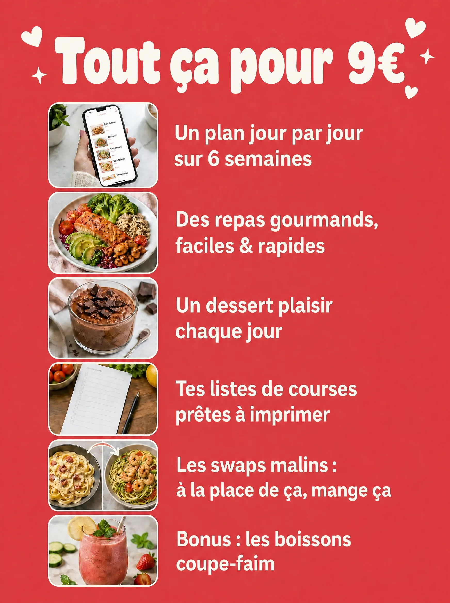 Tout ça pour 9€ : plan 6 semaines, repas gourmands, dessert chaque jour, listes de courses, swaps malins, boissons coupe-faim